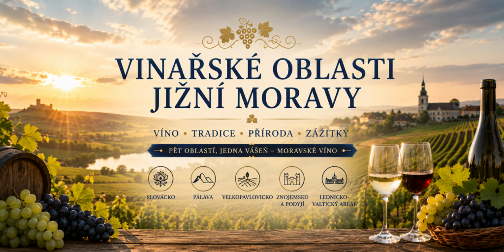 Vinařské oblasti jižní Moravy Jižní Morava je právem považována za srdce českého vinařství. Právě zde se nachází největší koncentrace vinic, vinařství, historických sklepů a vinařských tradic v celé České republice. Víno, vinařská turistika a tradiční moravská pohostinnost tvoří neodmyslitelnou součást zdejšího života. Každá vinařská oblast jižní Moravy má svůj vlastní charakter. Někde dominují folklórní tradice a rodinná vinařství, jinde vápencové svahy produkující minerální vína, rozsáhlé vinohrady červených odrůd nebo historické sklepy propojené s významnými památkami. Slovácko Kraj folklóru, tradic a rodinných vinařství Slovácko patří mezi nejautentičtější vinařské oblasti České republiky. Region je známý bohatým folklórem, lidovými kroji, cimbálovou muzikou, otevřenými sklepy a především mimořádnou pohostinností místních vinařů. Nejznámější vinařské obce Hrušky • Mutěnice • Bzenec • Petrov • Strážnice • Moravská Nová Ves • Prušánky • Mikulčice • Dubňany • Šardice • Hovorany • Vracov 👉 Více informací najdete na stránce Slovácko Pálava Kraj bílých skal, vinic a nejkrásnějších výhledů Moravy Pálava patří mezi nejznámější vinařské oblasti České republiky. Charakteristická je unikátní krajinou Pavlovských vrchů, vápencovým podložím a mimořádně příznivým klimatem. Nejznámější vinařské obce Pavlov • Perná • Klentnice • Bavory • Dolní Věstonice • Horní Věstonice • Strachotín • Dolní Dunajovice • Brod nad Dyjí • Popice • Pouzdřany 👉 Více informací najdete na stránce Pálava Velkopavlovicko Srdce moravských červených vín Velkopavlovicko bývá označováno za království červených vín. Díky teplému podnebí a vhodným půdním podmínkám zde vznikají špičková vína odrůd Frankovka, Svatovavřinecké, Modrý Portugal nebo André. Nejznámější vinařské obce Velké Bílovice • Velké Pavlovice • Kobylí • Bořetice • Vrbice • Němčičky • Čejkovice • Rakvice • Zaječí • Hustopeče • Starovice • Starovičky 👉 Více informací najdete na stránce Velkopavlovicko Znojemsko a Podyjí Kraj aromatických vín a jedinečné přírody Znojemsko a Podyjí představují oblast známou především produkcí aromatických bílých vín a jedinečnou krajinou Národního parku Podyjí. Nejznámější vinařské obce Znojmo • Nový Šaldorf • Hnanice • Havraníky • Šatov • Chvalovice • Vrbovec • Hrádek • Jaroslavice • Slup • Krhovice • Oleksovice 👉 Více informací najdete na stránce Znojemsko a Podyjí Lednicko-valtický areál Kraj zámků, vína a krajiny UNESCO Lednicko-valtický areál představuje jedinečné spojení vinařství, historických památek, romantických staveb a krajiny zapsané na seznamu UNESCO. Nejznámější vinařské obce Lednice • Valtice • Hlohovec • Sedlec • Bulhary • Nejdek • Ladná • Charvátská Nová Ves • Poštorná • Břeclav 👉 Více informací najdete na stránce Lednicko-valtický areál